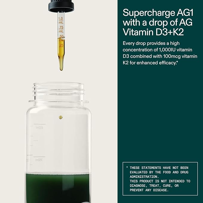 AG1 Vitamin D3 K2 Drops, 1000IU of Vitamin D3 and 1000mcg of K2 per Serving, Supports Bone Density and Calcium Absorption (Athletic Greens)