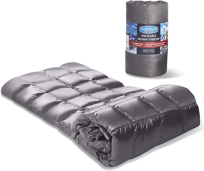 Blue Ridge Home Fashions Down Throw Camping Blanket - Packable Lightweight Down Throw Blanket for Outdoor Travel Hiking Picnic RV, Puffy Warm Blanket 60" x 70" with Carry Bag, 650 Fill Power