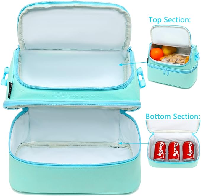FlowFly Double Decker Cooler Insulated Lunch Bag Large Tote for Boys, Girls, Men, Women, With Adjustable Strap,Light Blue