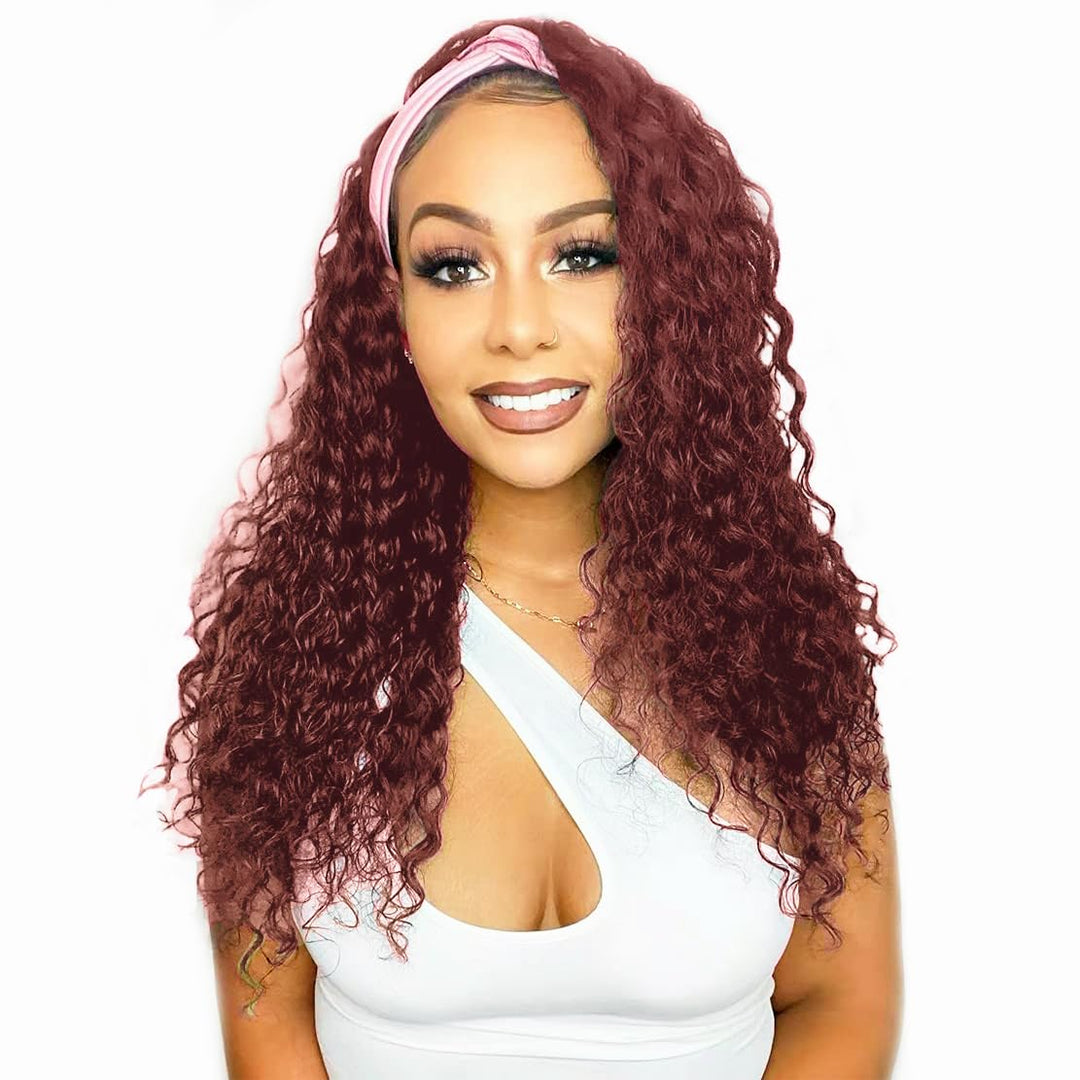 Reddish Brown Headband Wig Human Hair Deep Wave 16 Inch Machine Made None Lace Front Wigs #33 Copper Red Glueless Curly Headband Half Wigs for Black Women
