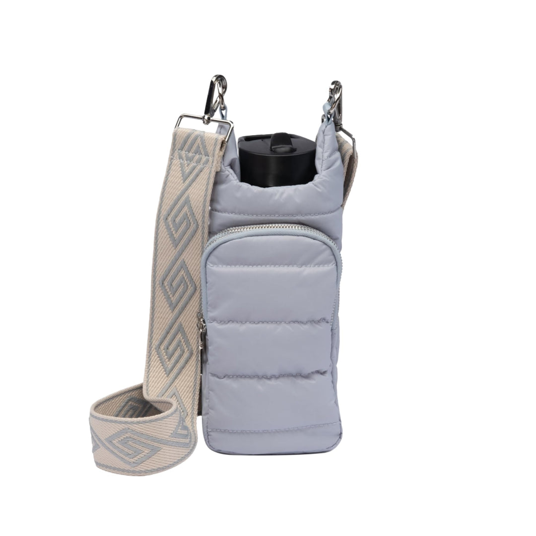 WanderFull Original Crossbody HydroBag | Quilted Water Bottle Carrier | Puffer Tote Tumbler Holder with Pockets for Purse, Phone & Accessories | Carry Travel Essentials (Grey/Patterned Strap)