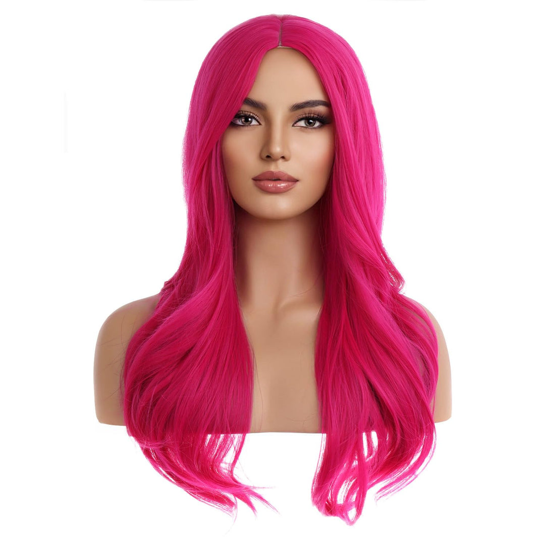 MAGQOO Hot Wig Wig for Women Neon Dark Pink Wig Long Curly Wavy Magenta Wig Synthetic Heat Resistant