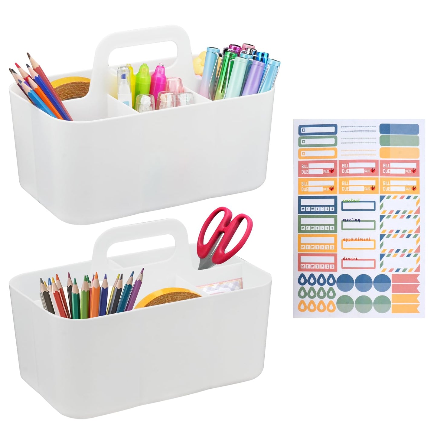 2 PCS Plastic Storage Baskets with Handle, White Organiser Boxes Stackable Portable Container for Bathroom Office Craft Cupboards(25x15.5x17 cm)