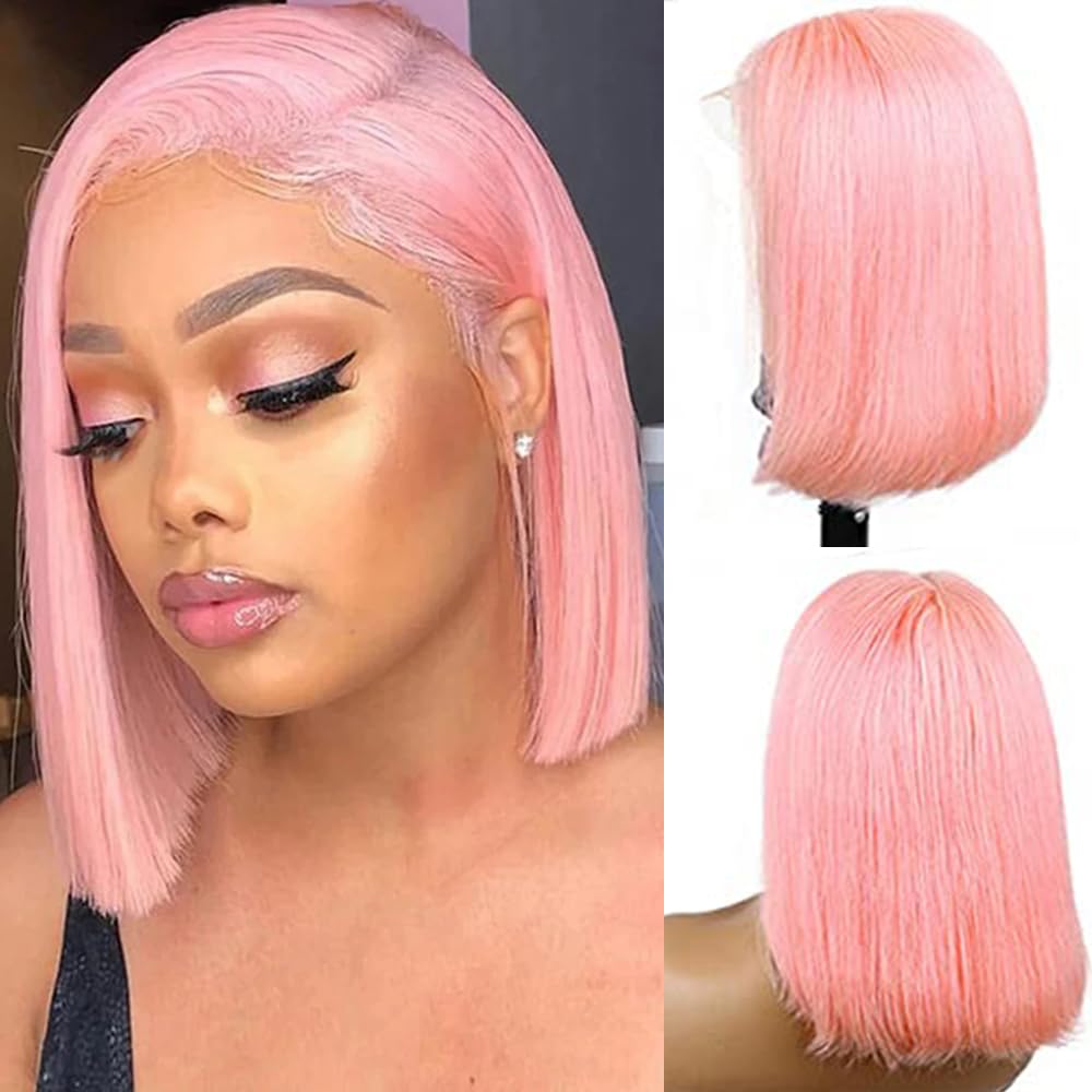 Silky Straight Pink Bob Wigs Brazilian Human Hair Hd Transparent 13X4 Lace Front Wigs Virgin Hair 180% Density Pre Plucked With