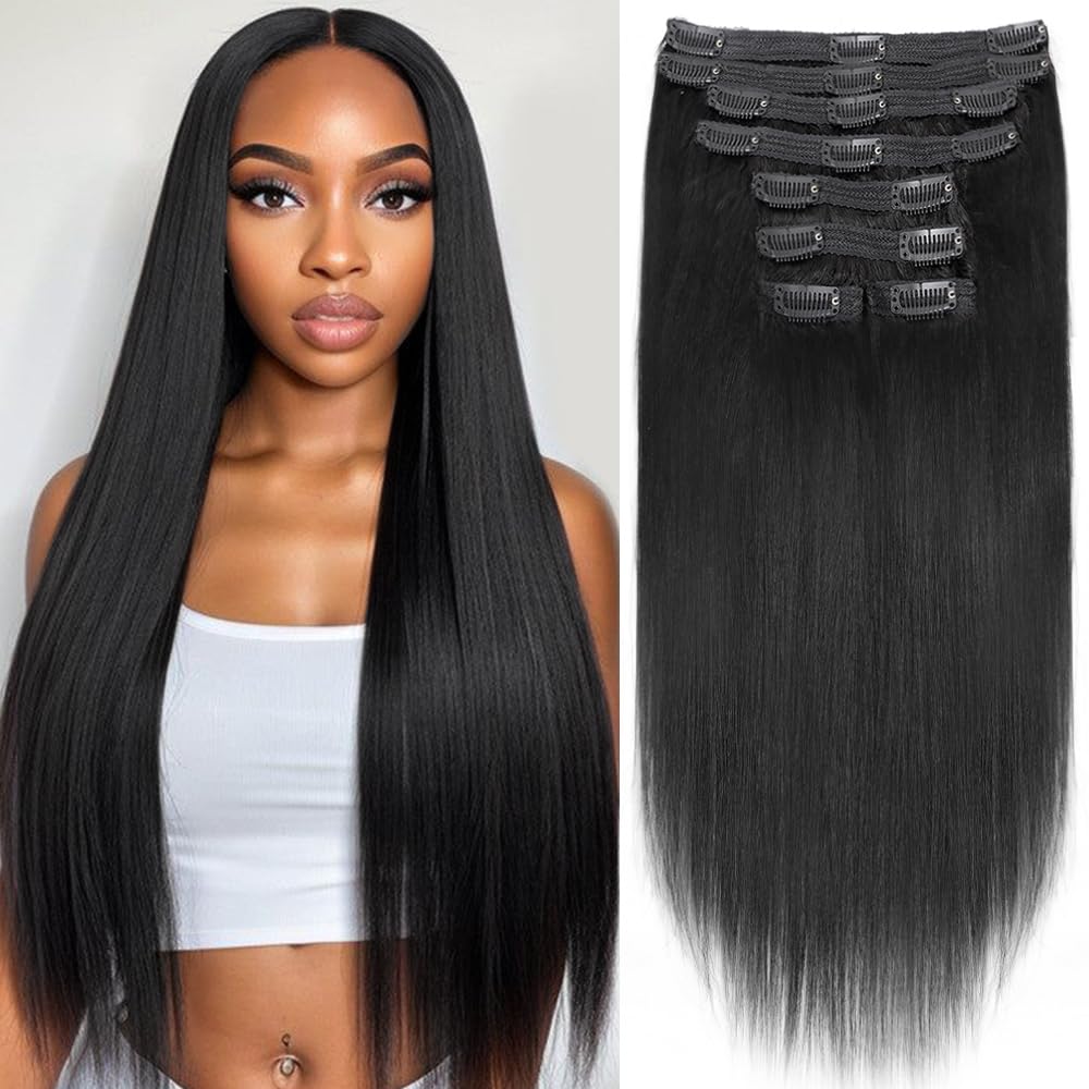 Yaki Straight Clip in Hair Extensions Real Human Hair 8Pcs Remy Human hair Clip ins for Women, Natural Soft Human Hair 120g 22inch #1B Natural Black