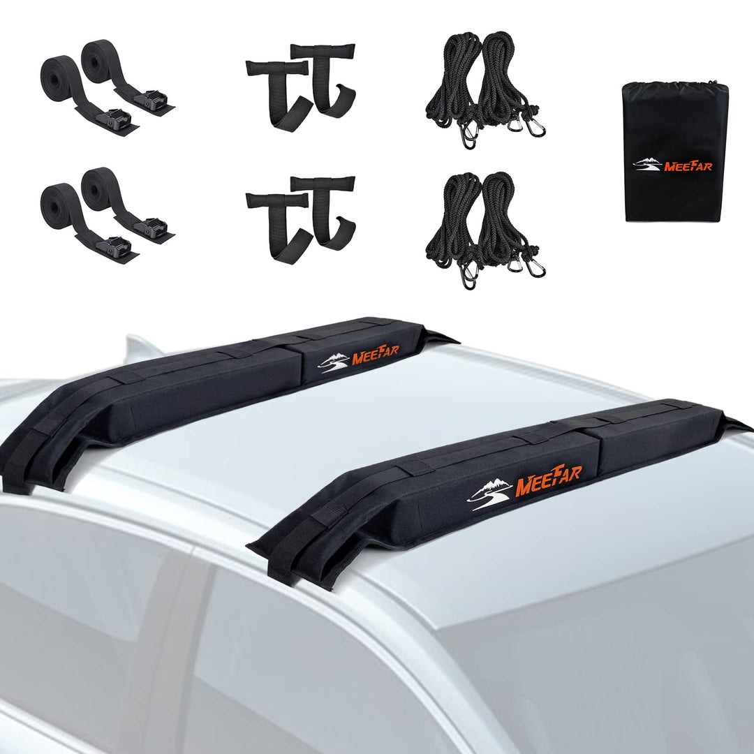 MeeFar Universal Car Soft Roof Rack Pads Luggage Carrier System for Kayak Surfboard SUP Canoe Include 2 Heavy Duty Tie Down Straps, 4 Tie Down Rope, 4 Quick Loop Strap and Storage Bag