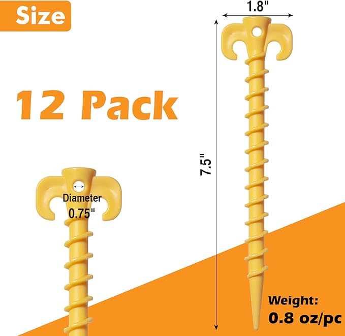 12 Pack Tent Stakes, Stakes for Inflatables, 7.5 inch Heavy Duty Spiral Design Outdoor Tent Stakes, Ground Stakes Ground Anchors Pegs, Yard Lawn Pegs Anchor for Canopy, Camping, Hiking, Beach