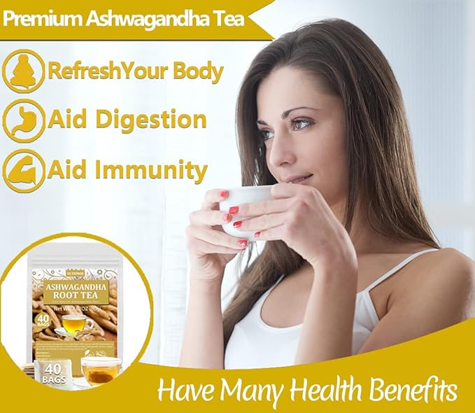 Premium 40 Ashwagandha Tea Bags, Made with 100% Wild Ashwagandha Root, No Additives & Caffeine free.