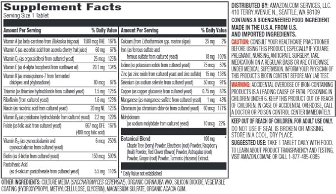 Amazon Elements Women’s One Daily Multivitamin, 59% Whole Food Cultured, Vegan, 65 Tablets, 2 month supply (Packaging may vary)