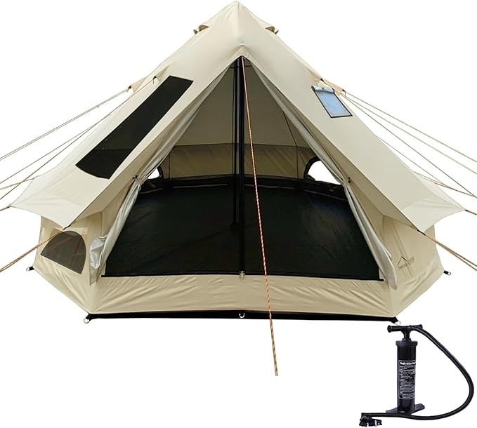 DANCHEL OUTDOOR B2I Waterproof Inflatable Camping Tent with Stove Jack for 1-3 Person, No Center Pole Portable Blow up Galmping Yurt with Pump, 300D Oxford Polyester Bell Tent Hiking, 29lbs, 3m