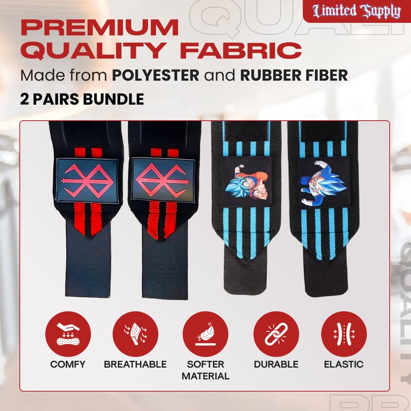 CROWN Anime Wrist Wraps 2 Pairs Bundle - 24" Lifting Straps for Men and Women - Gym Accessories Support Weightlifting, Powerlifting, Strength Training, Workout (Duo G)