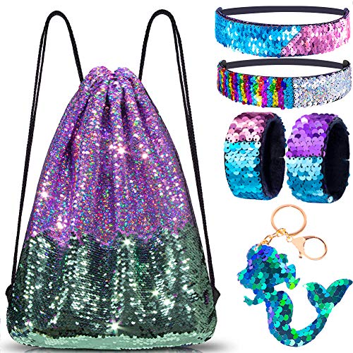Mermaid Reversible Sequin Drawstring Backpack/Bag Iridescent Dotted Dark SeaGreen/Purple for Kids Girls One_Size