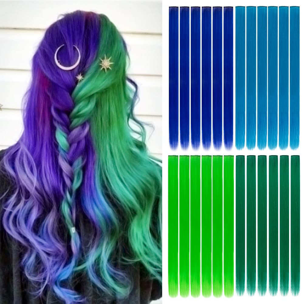 24 Pieces Party Highlights Clip In Colored Hair Extensions Colorful Hair Extensions 20 Inches Straight Synthetic Hairpieces(Blue