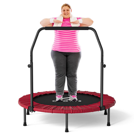 CLORIS 38in/40in/48in Folding Trampoline Mini Rebounder Fitness Trampoline with Adjustable Foam Handle for Kids/Adult, with safty Padded Cover Best Gift for Kids/Adult (Yellow)… (40in-Red)
