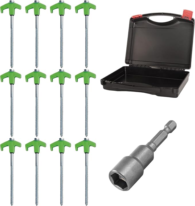 8" Screw in Tent Stakes - Ground Anchors Screw in, Screw in Tent Stakes Heavy Duty, Tent Pegs Camping Stakes, Metal Threaded Tent Spikes, Screw Tent Stakes with Hex Sleeves (12Pcs+Box Green)