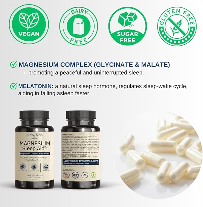 Magnesium Sleep Aid - Magnesium Complex Supplement with Melatonin for Sleep - Magnesium Glycinate 500mg, Magnesium L-Theanine - 120 Capsules