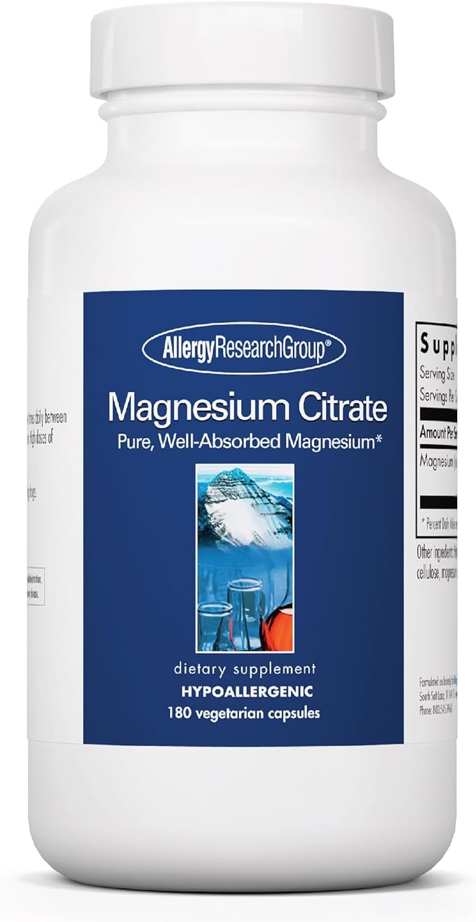 Allergy Research Group Magnesium Citrate Dietary Supplement - Bone & Stress Support, Well-Absorbed, Hypoallergenic, Vegetarian Capsules, Gluten Free - 180 Count