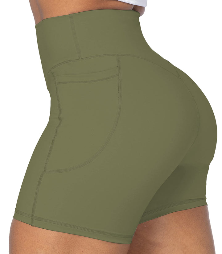 Sunzel No Front Seam Biker Shorts for Women with Pockets, Yoga Workout Gym Bike Shorts with Tummy Control 5" Olive Green X-Small