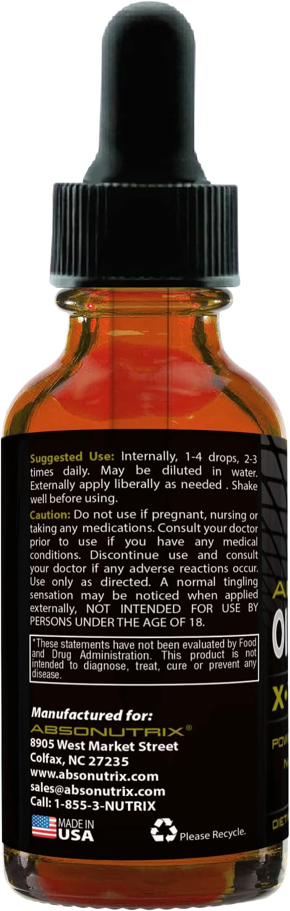 Absonutrix Oil of Oregano 43 mg, 540 Servings, 2 Oz Bottle, High Bioavailability, 85% Carvacrol Oil, Quick Absorption, Potent Ingredients, Cruelty-Free, Third-Party Tested, Non-GMO, Made in USA
