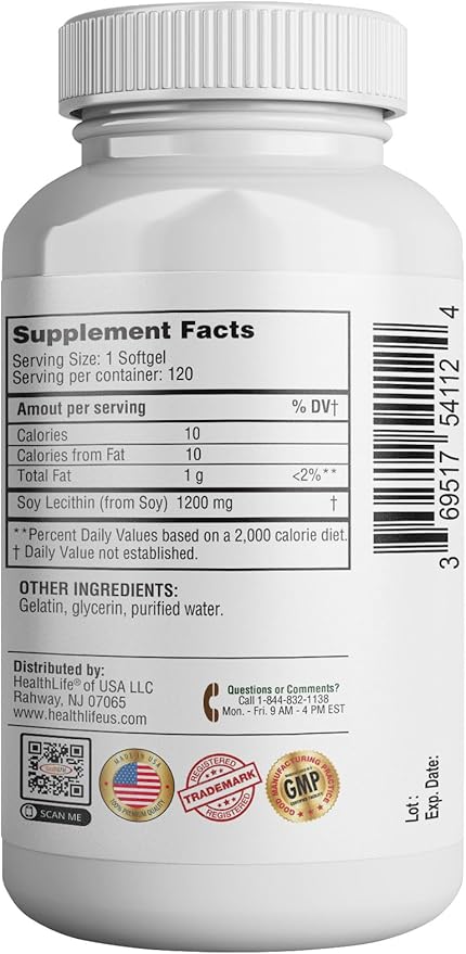 HEALTH LFE Lecithin 1200mg, High Potency, 120 Softgels, Natural Combination of Essential Fatty Acids to Support Brain & Nerve Function- Lecithin Food Grade, 1200mg per Serving, Dietary Supplement
