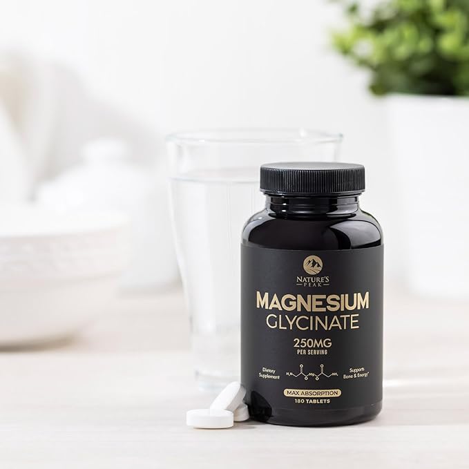 Magnesium Glycinate Chelated for Max Absorption - Supports Bone, Muscle, Nerves & Heart Health, Nature's Sleep and Stress Support, Best Magnesium Supplement Pills for Whole Body Support - 180 Tablets