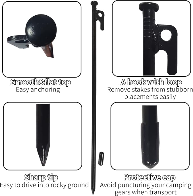 16inch 10 Packs Tent Stakes Heavy Duty Steel Large Tent Pegs for Camping Unbreakable Inflexible Extra Long Windproof