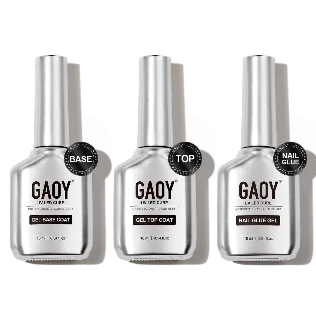 Gaoy Gel Top Coat, Nail Glue Gel And Base Coat Set, 3 Pcs 16Ml Clear Glossy No Wipe Combination For Uv Light Cure Gel Nail Polis