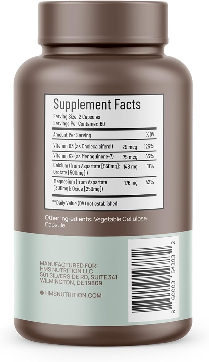 Calcium, Magnesium, Vitamins D3 and K2-120 Vegan Capsules, 60 Day Supply - Immune System Health, Strong Bones & Teeth - Non-GMO, Soy Free, & Dairy Free