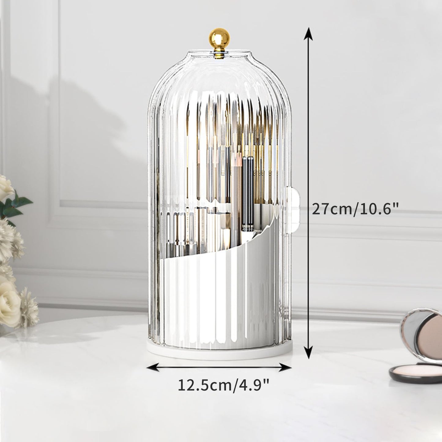 360° Rotating Make Up Brush Holder Storage with Clear Dustproof Lid, Sliding Opening Cosmetic Make-Up Organiser, Makeup Brushes Holder Organizers,Make-Up Brush Container Case for Dressing Table,Vanity