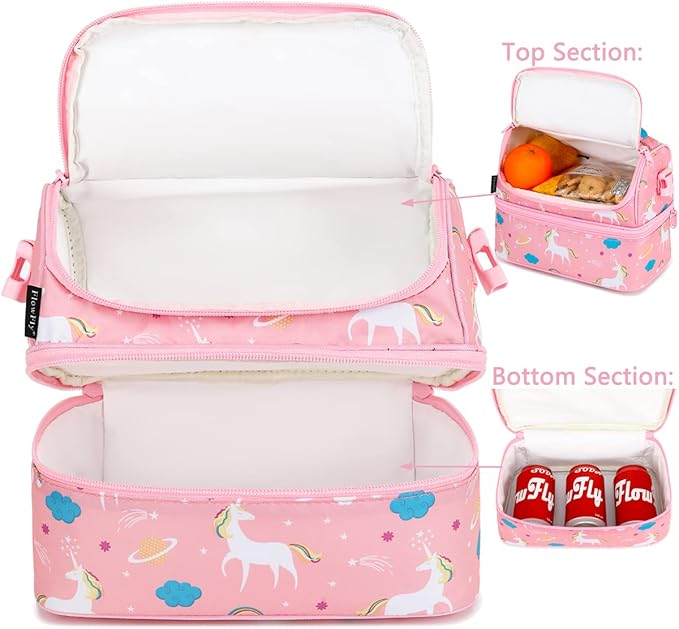 FlowFly Kids Double Decker Cooler Insulated Lunch Bag Large Tote for Boys, Girls, Men, Women, With Adjustable Strap, Unicorn
