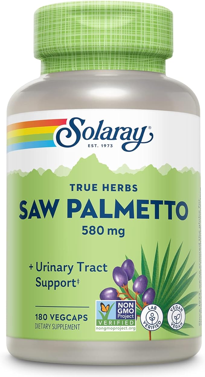 SOLARAY Saw Palmetto Berry 580 mg, Healthy Prostate and Urinary Tract Support from Fatty Acids & Plant Sterols for Men and Women, Non-GMO, Vegan & Lab Verified, 180 VegCaps, 180 Servings