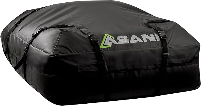 Asani Waterproof Car Roof Top Cargo Carrier Bag with 8 Heavy-Duty Straps and Buckles | Weatherproof Luggage Roofbag for Rooftop Racks | Car Topper Bag for Sedan, SUV, Vans & More (15 Cubic Feet)