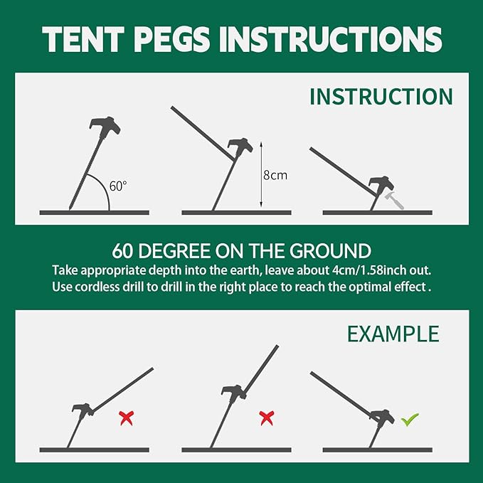 12 Pack 8" Screw in Tent Stakes for Drilling with Hex Heads - Heavy Duty Stainless Steel Tent Pegs/Nails/Spikes, Ground Anchors, Grow in Dark - for Camping, Grassland, Portable Box (White)