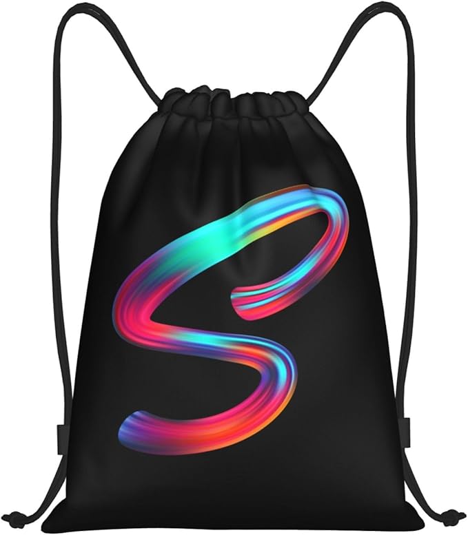 Drawstring Bags Initial Drawstring Backpack Sackpack Black Draw String Cinch Bags for Sports, Gym, Travel, Swimming, Beach, Camping, Rainbow Letter S