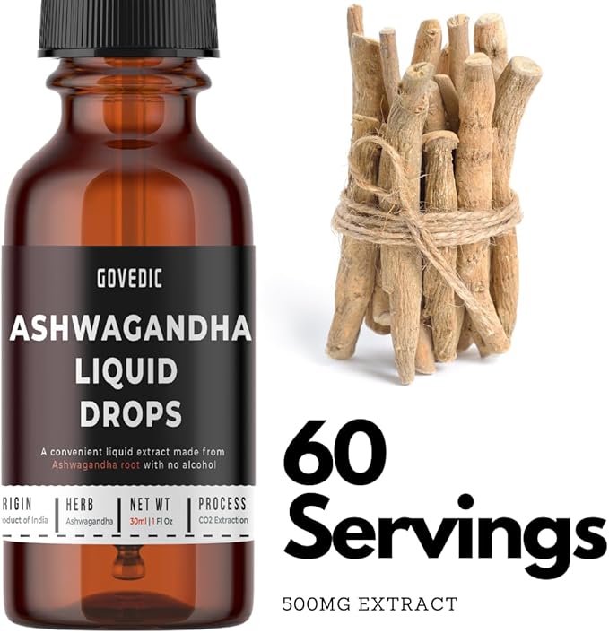 Ashwagandha Liquid Drops Concentrated 1 Fl Oz 30ml | 60 Servings of 500mg Organic Root Tincture Extract Supplement | Stress Relief, Energy & Immunity, Mental Focus, Fast Absorption