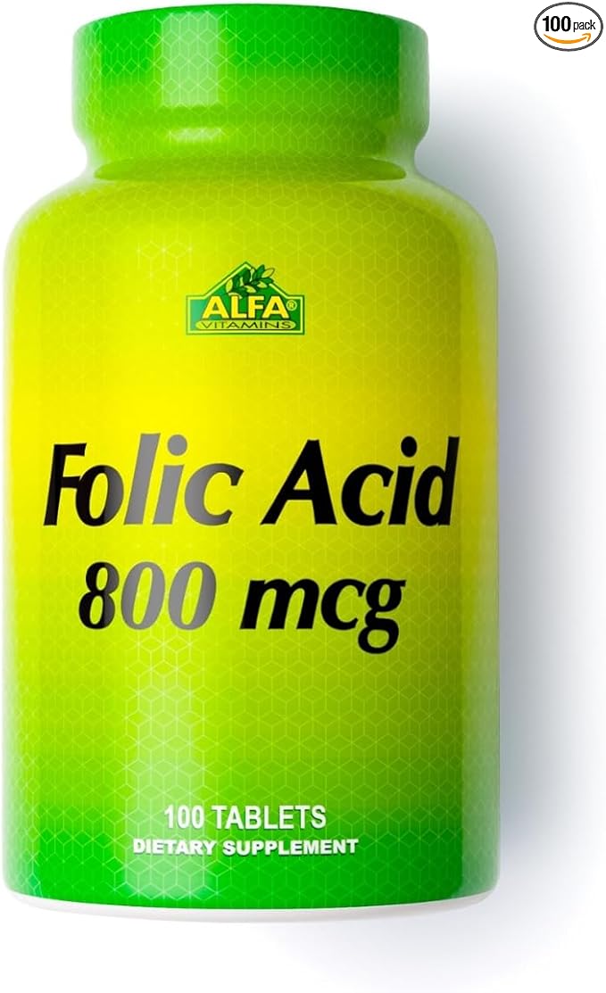 ALFA VITAMINS Folic Acid 800 mcg Prenatal Supplement, Supports Cardiovascular Health, Body & Brain Functions, Red Blood Cell Formation & Healthy Fetal Development, Dietary Supplement, 100 Tablets