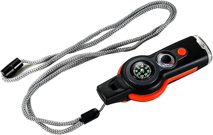 7 in 1 Multi-Function Compass, Outdoor Survival Safety Whistle Compass Thermometer LED Mirror Magnifying Glass Multitool for Camping, Hiking, Hunting, Fishing and Adventure