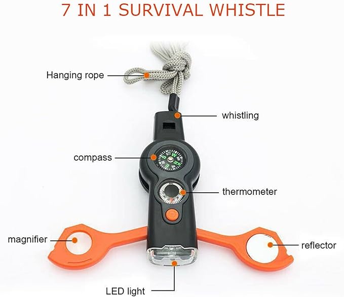 7 in 1 Multi-Function Compass, Outdoor Survival Safety Whistle Compass Thermometer LED Mirror Magnifying Glass Multitool for Camping, Hiking, Hunting, Fishing and Adventure