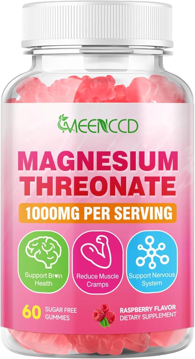 Magnesium Threonate Gummies 1000mg, Magnesium L-Threonate Supplement for Kids & Adults, Muscle & Nervous System Support, Non-GMO, Sugar-Free, Raspberry Flavor, 60 Count