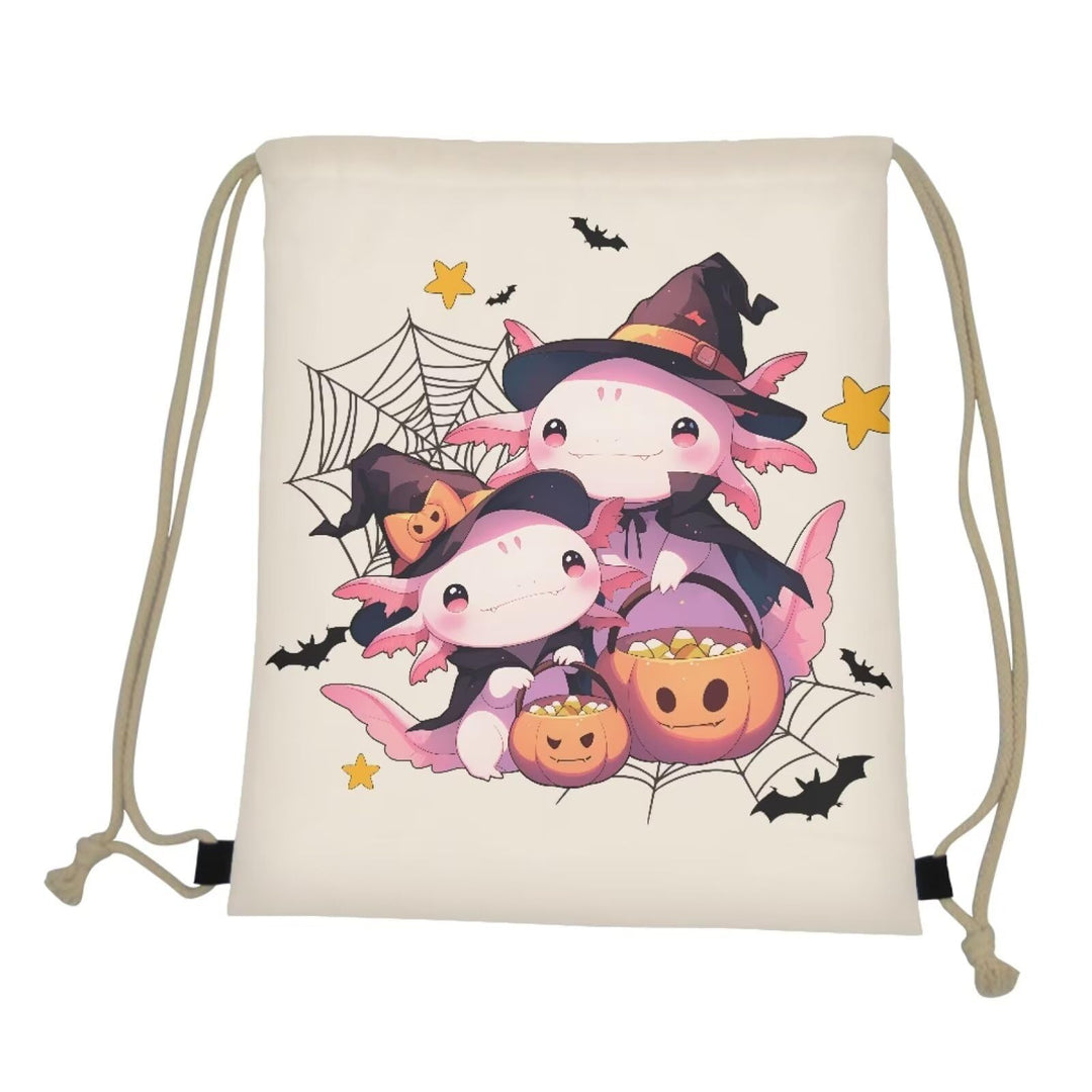 COEQINE Axolotl Halloween Drawstring Bag Pink Witch Animal Pumpkin Pattern Party Decoration Foldable Storage Bag
