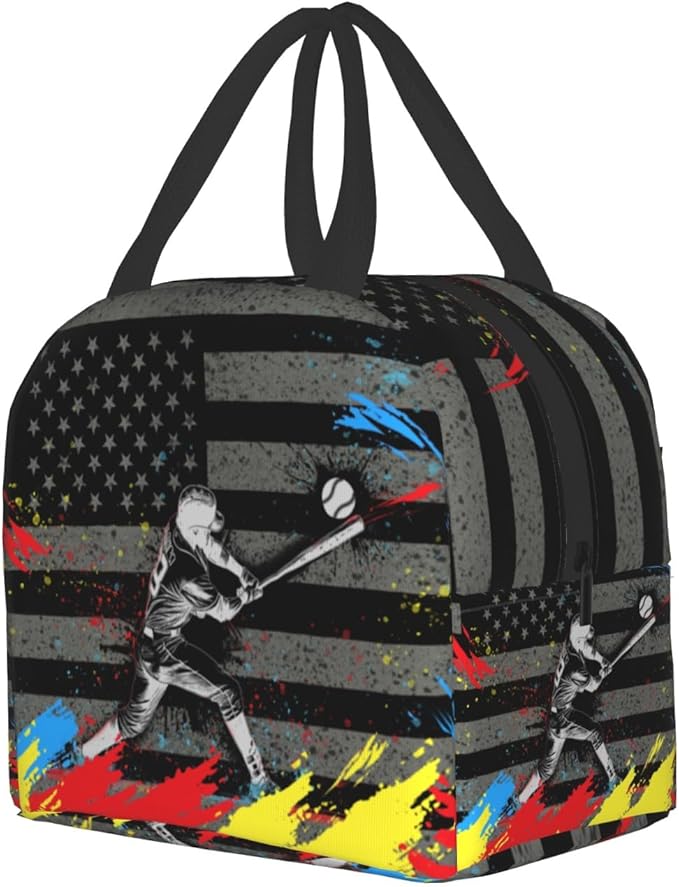 Baseball Player Lunch Bag for Sports Boys American Flag Reusable Insulated Lunch Tote Lunch Box Black Cooler Thermal Lunch Tote Bag for School Work Picnic
