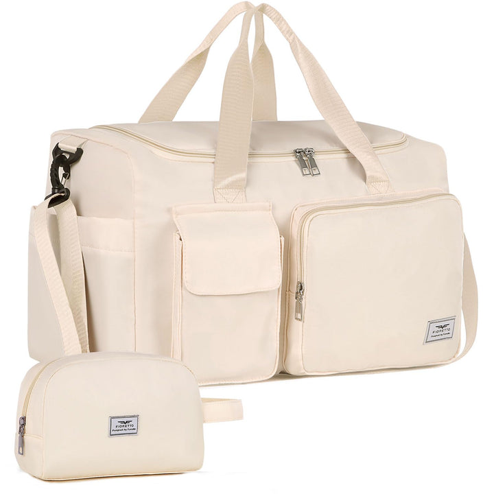 FIORETTO Women's Water-Resistant Gym Duffle Bag with Shoes Compartment, 37L Capacity, Multi-Functional, Ideal for Travel, Gym, Sports, Weekender, with Toiletry Bag, Beige