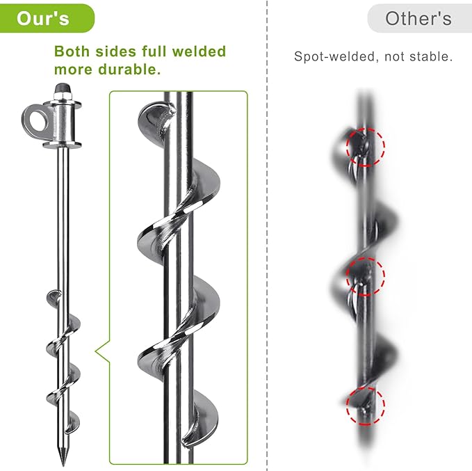 4 Pack Tent Stakes, 16 Inch Heavy Duty Ground Anchors, Full Welding, Easy to Screw in and Reusable, for Camping Tents, Trampolines, Sheds, Swing Sets, Securing Animals