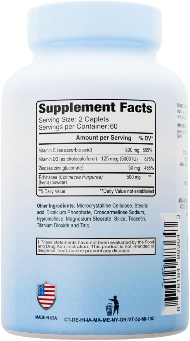 ALFA VITAMINS Zinc + Vitamin C, D3 & Echinacea Supplements, Immune Support Formula with Enhanced Absorption, Supports Bone Health, Immune Function, and Antioxidant Protection, 120 Caplets