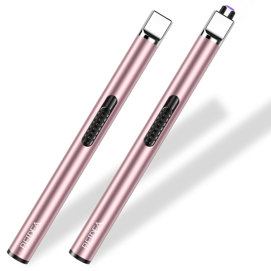 REIDEA Electronic Candle Lighter Arc Windproof Flameless USB Rechargeable Lighter with Safe Button for Home Kitchen (2 Pack Rose Gold)