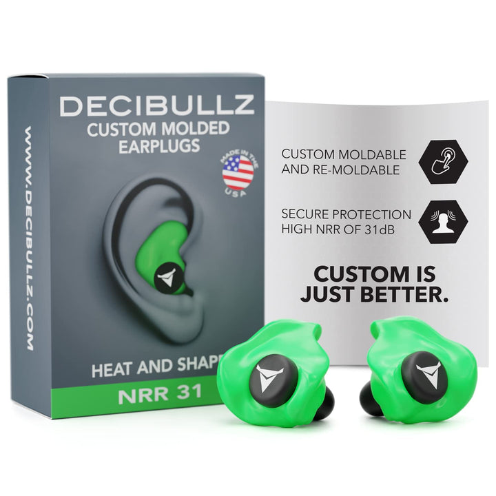 Decibullz - Custom Molded Earplugs, 31dB Highest NRR, Comfortable Hearing Protection for Shooting, Travel, Swimming, Work and Concerts (Green)