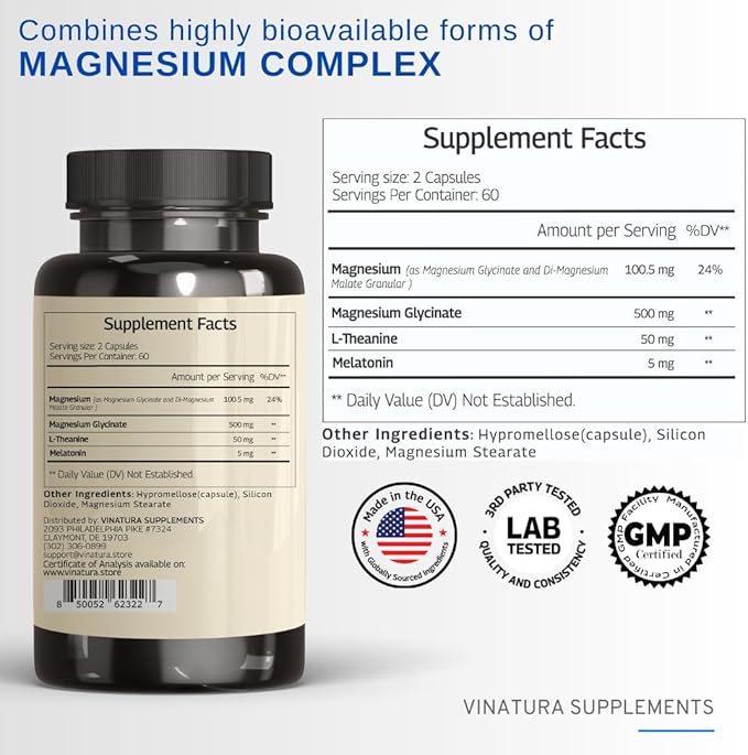 Magnesium Sleep Aid - Magnesium Complex Supplement with Melatonin for Sleep - Magnesium Glycinate 500mg, Magnesium L-Theanine - 120 Capsules