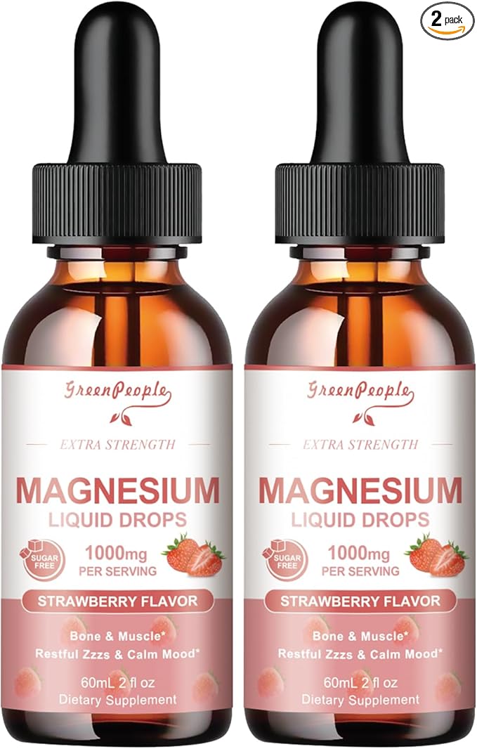 Magnesium Glycinate Liquid Drops - 1000mg 5-in-1 High Absorption Liquid Magnesium Complex with D3/K2/B6 | Fast-Acting, Bone, Muscle & Sleep | Sugar-Free Strawberry Flavor, 2fl Oz 2 Pack