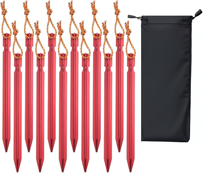 12 Pack Tent Stakes, 7-inch Ultralight Aluminum Ground Pegs with Reflective Pull Ropes, Tri-Beam Stakes in a Carrying Bag, for Camping, Backpacking, Hiking Tent, Hammocks and Canopy, Red