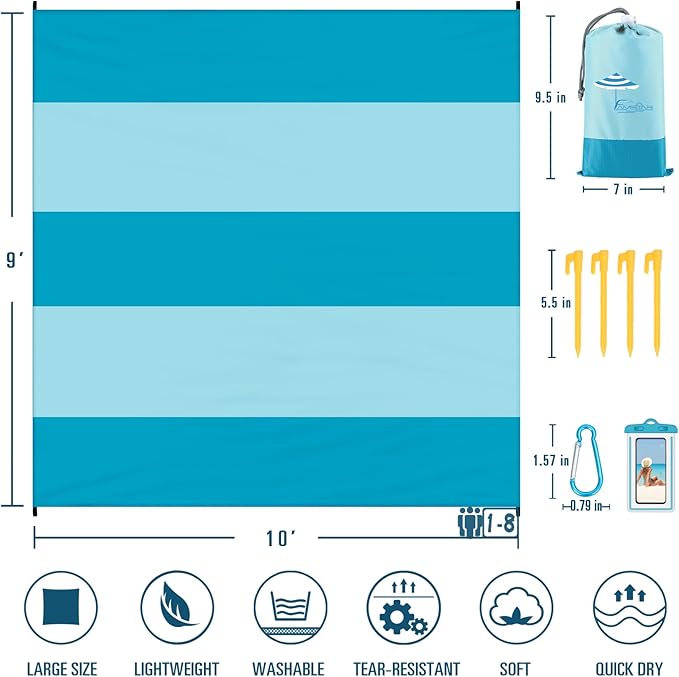Beach Blanket Sandproof Waterproof 10'×9' 1-8 Adults Oversized,Compact Lightweight Durable Beach Mat for Travel Camping Hiking Picnic Blanket